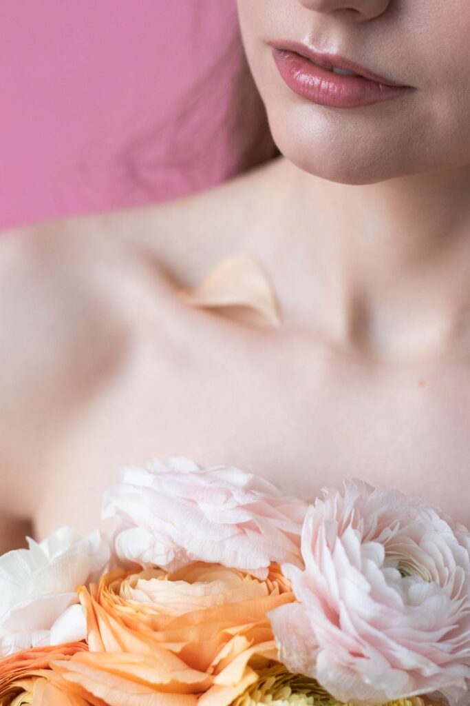 close up on flowers on woman face