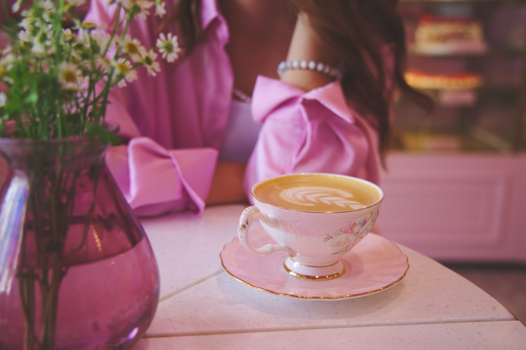 coffee latte in a cup on a saucer